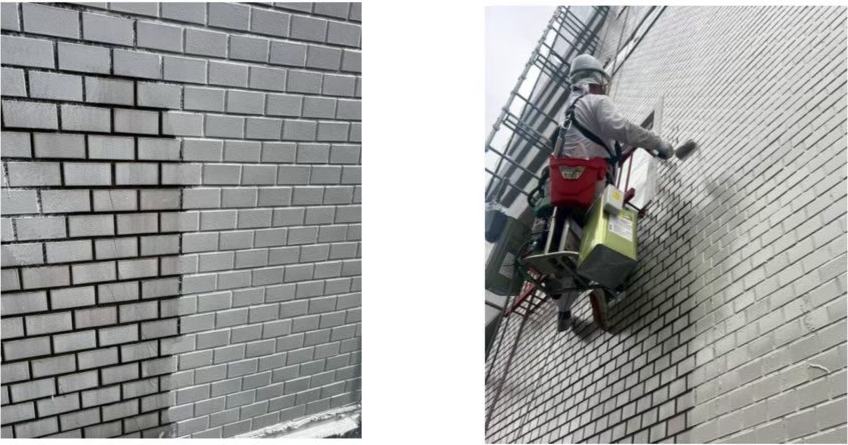 高所作業車を使ったタイル塗装