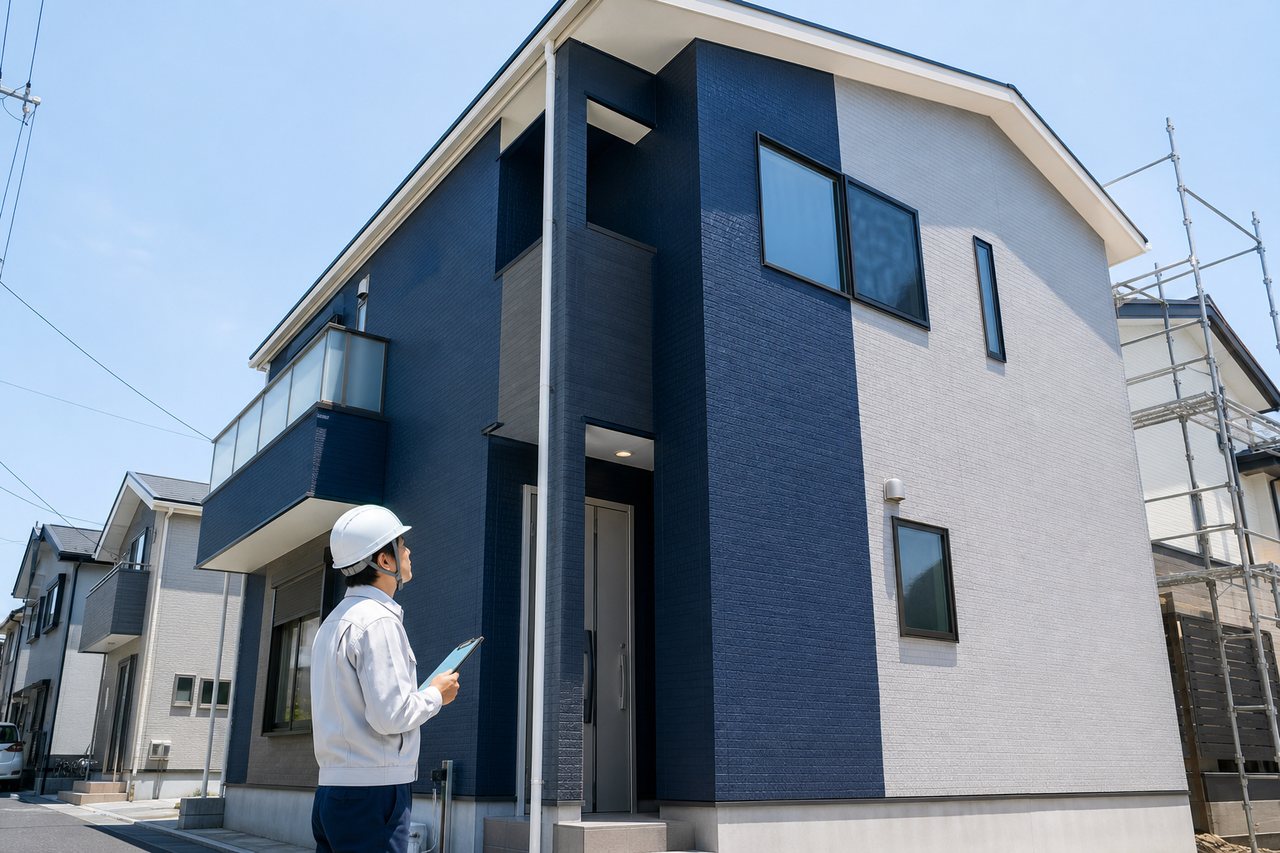 フッ素塗料で仕上げた住宅外壁を点検する職人