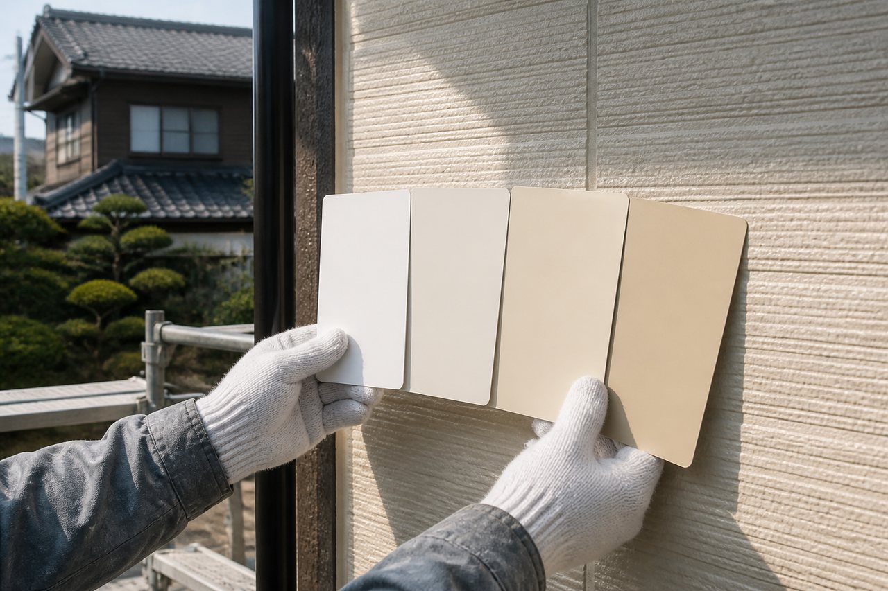 外壁に合わせてホワイト系の色見本を比較する様子