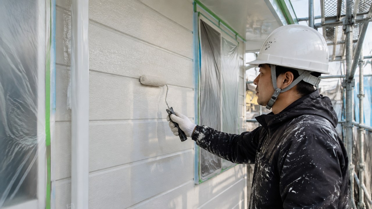 ローラーで外壁に上塗り塗料を施工する職人