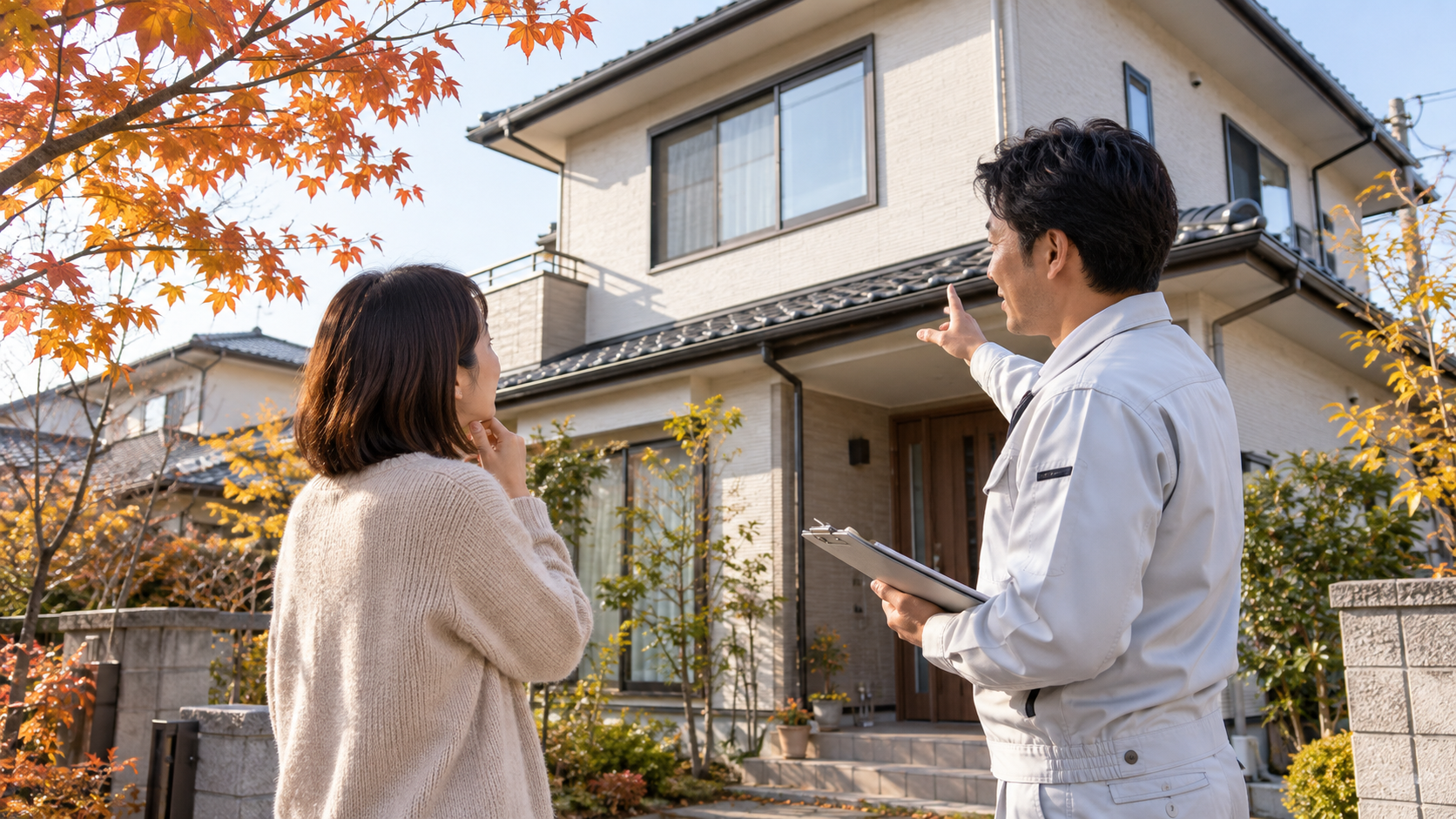 外壁塗装の時期を相談する施工業者と施主