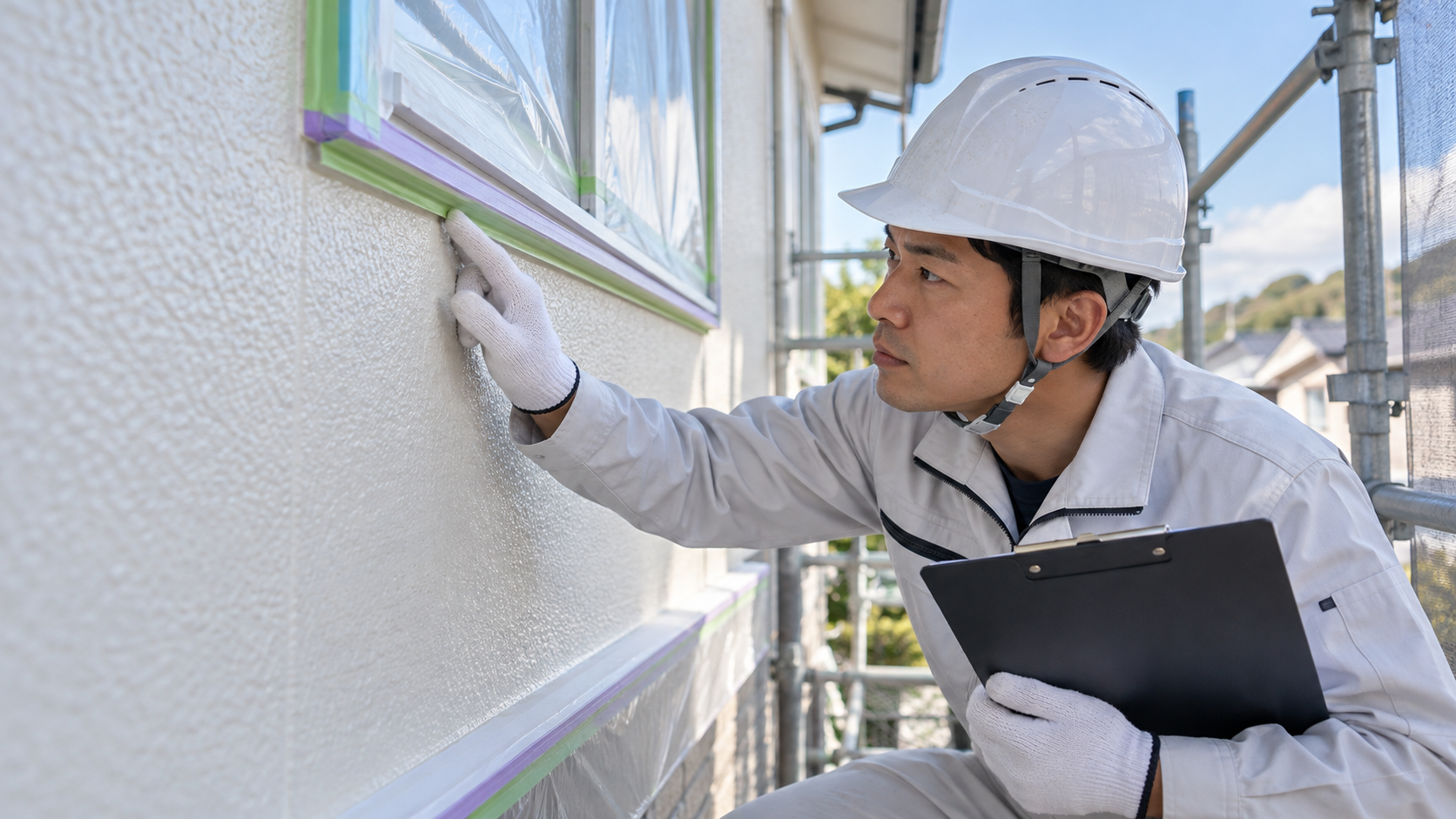 外壁塗装の仕上がりを確認する職人